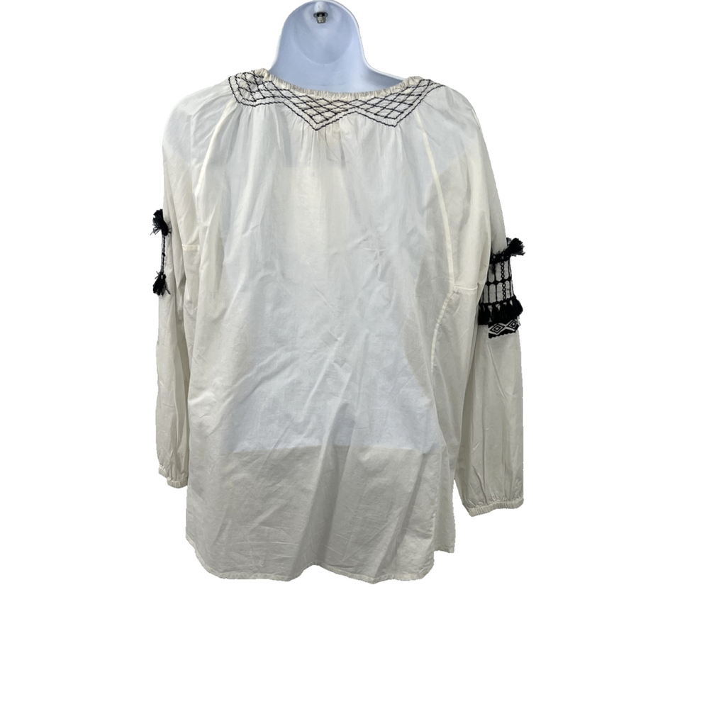 Figue Embroidered Peasant Blouse Womens Medium White Black Boho Tassel Top India - Picture 3 of 13